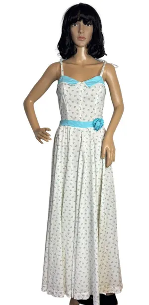 Vintage 1960s White Blue Floral Prairie Maxi Dress XS/S Talon Zip Circular thumbnail 1