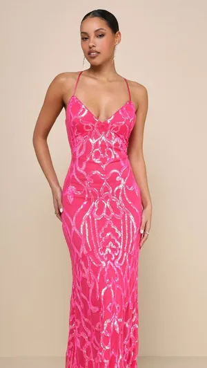 NWT Lulus Perfect Enchantment Hot Pink Sequin Lace-Up Mermaid Dress Ball Sz XXS thumbnail 1