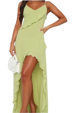 White Fox NWT End of the Road‎ Maxi Dress Matcha Green XS Ruffle High Low thumbnail 1