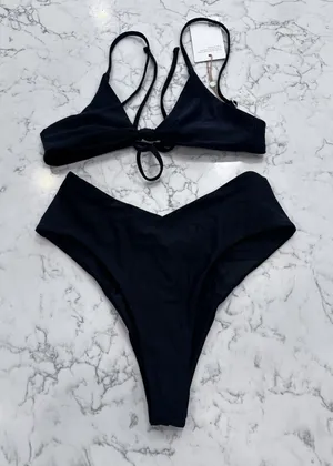 New Quince Black Knot Tie Bikini Top & V Cut High Leg Bottom Set Size Small thumbnail 1