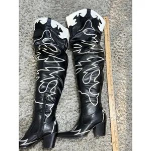 Women's Black & White Cowboy Western Boots Knee High Embroidered Block Size 6 thumbnail 14