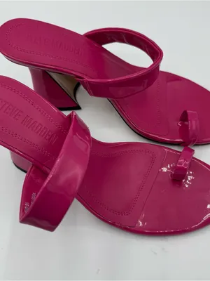 Steve Madden‎ Renie Hot Pink Patent Toe Loop Flared Block Heel Sandals size 8.5 thumbnail 2