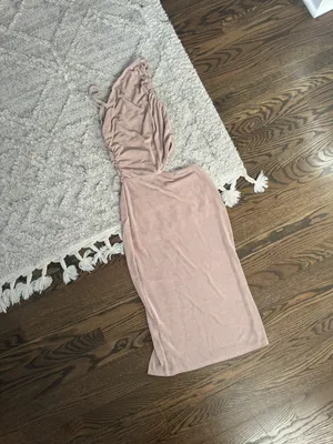 Asymmetrical side cut out light peach pink one shoulder midi dress small thumbnail 7