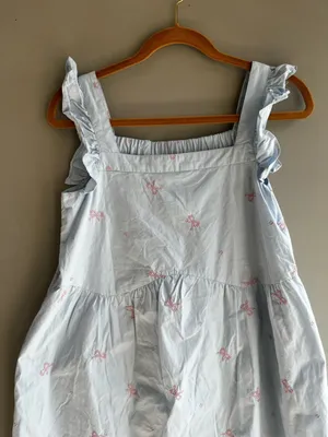 Light Blue Women’s Ruffle-Sleeve Dress with Pink Bow Embroidery Cotton Summer M thumbnail 6