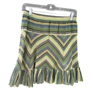 Avatar Green Chevron Striped Boho Mini Skirt Ruffle Hem Elastic‎ Waist Womens S thumbnail 1