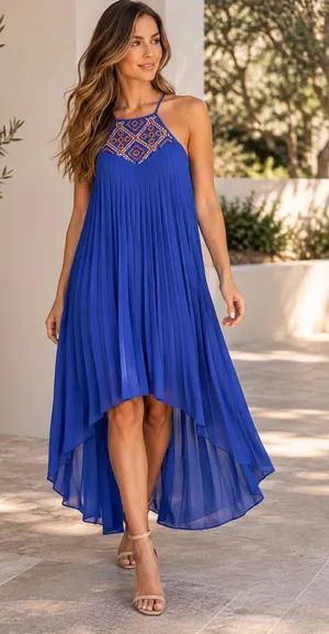 Arden B XS Cobalt Blue Beaded Pleated High Low Maxi Dress Y2K thumbnail 1
