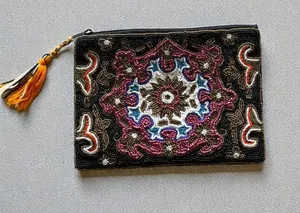 Black Beaded‎ Mosaic Wristlet Clutch with Tassel Accent thumbnail 1
