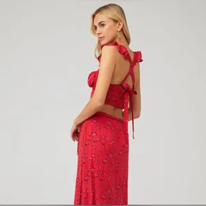 Free People Bijou Skirt Set Cherry Red Floral 2 Pc Smocked Back Ruffle sz 4 thumbnail 3