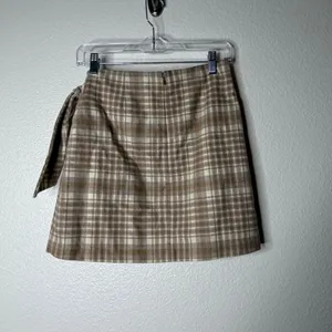 Wilfred Aritzia Plaid Wool Cashmere Blend Tie Wrap Mini Skirt Brown Tan Size 4 thumbnail 3
