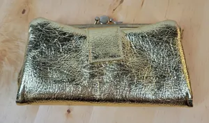 Vintage Clutch Wallet Womens 8"x5" Metallic Gold Kiss Lock Bi-Fold Evening Purse thumbnail 1