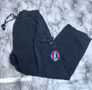 Shop Therapy Greatful Dead Black Wide Leg Cargo Pants Embroidered Badge LARGE thumbnail 1