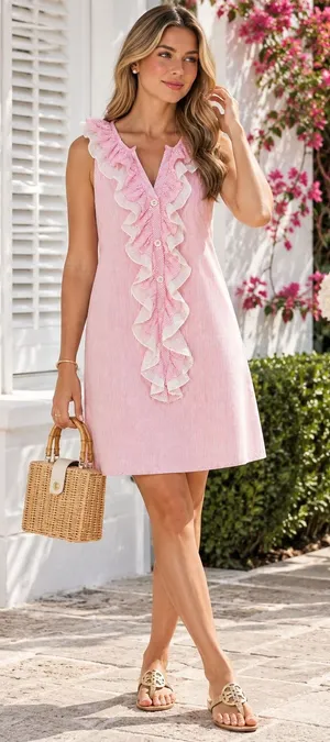 Lilly Pulitzer Pink Stripe Ruffle Shift Dress Cotton Sleeveless Preppy Size 2 thumbnail 1