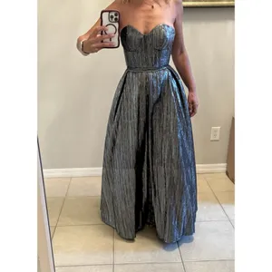 GB Women's 3 Silver Black Metallic Pleated Sweetheart Maxi Long Formal Dress thumbnail 5