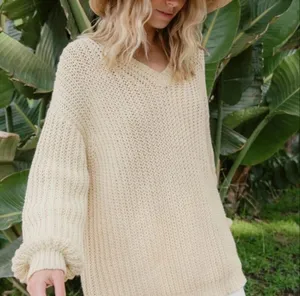 Jenni Kayne Cabin Sweater XS Cream Organic Cotton Fisherman Knit V Neck thumbnail 2