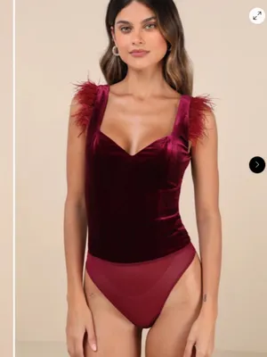 LULU's Sexy Flirty Feather Chic Holidays Red Velvet Night Out Bodysuit thumbnail 2