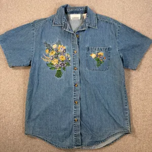 Casey & Max Short Sleeve Denim Shirt Women's Small Blue Floral Embroidered thumbnail 1