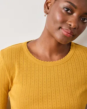 Printfresh Pointelle Long Sleeve Scalloped Collar Pajama Top Goldenrod thumbnail 3