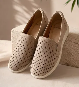 Earth Origins Perforated Slip-On Moccasins in Taupe Beige thumbnail 1