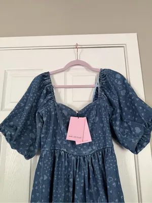 Avec Les Filles Bow Back Puff Sleeve Hearts Denim Mini Dress thumbnail 3