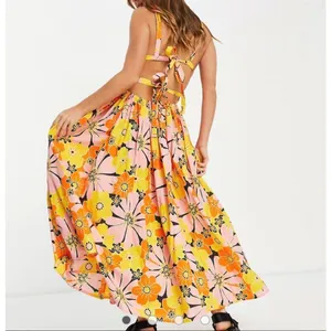 ASOS DESIGN strappy midi skater sundress in bold yellow floral size 0 thumbnail 2