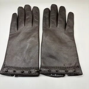 American Vintage VTG Leather Gloves Sz 7 Brown Knit Fabric‎ Lined Unbranded Braided Embellished thumbnail 2