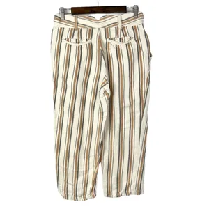 Free People Beige &‎ Orange Stripe Pleated Cropped Linen Trousers 2 thumbnail 2