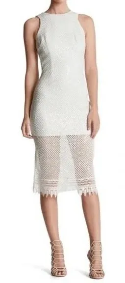 DRESS THE POPULATION Alina Sequin Crochet Lace Midi Dress Bridal‎ White Small thumbnail 1