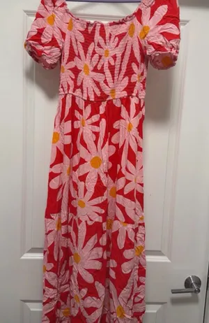 Floral Puff-Sleeve Maxi Dress in Red and Pink thumbnail 1