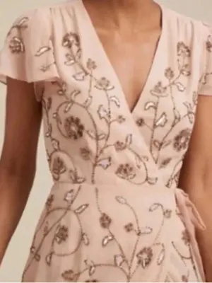 BHLDN Anthropologie Plymouth Floral Beaded Blush Maxi Wrap Dress | Size 4 thumbnail 2