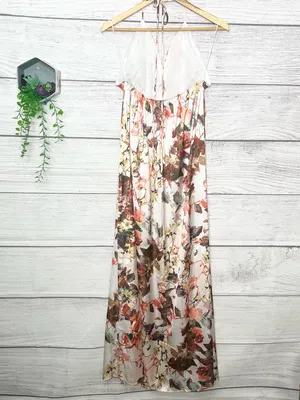 L'ATISTE Cream Floral Satin Halter Maxi Dress with Slit Size Large thumbnail 5