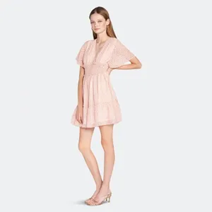 En Saison Caldera Gingham V Neck Tiered Mini Dress Coral Pink Small NWT thumbnail 5