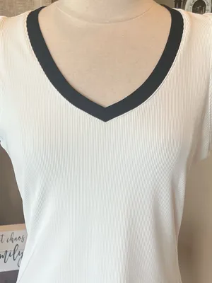 Women's off White V-Neck Ruffle Sleeve Top with Black Trim thumbnail 2