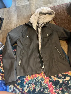 Novish Womens Gray Faux Leather Jacket with Sherpa Hood thumbnail 8