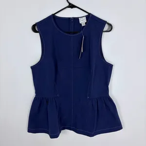 Maeve Anthropologie Crew-Neck Peplum Tank Top Navy Blue Preppy Clean Girl Size L thumbnail 2