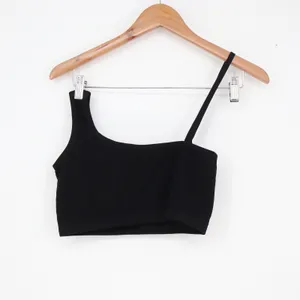 Black Asymmetrical Ribbed One Shoulder Crop Top Tank Bralette Medium thumbnail 4