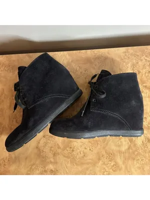 Prada Black Suede Chukka Ankle Boots Women's Size 40 Lace-Up Wedge Heel thumbnail 5
