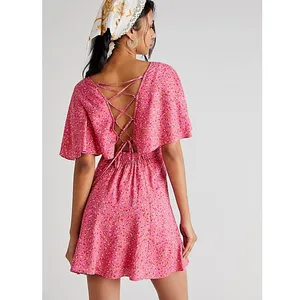 Free People Florence Lace-up-Back Mini Dress Pink Floral Small NWT thumbnail 2