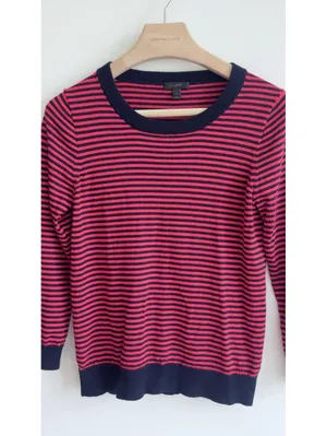 J.Crew 100% Merino Wool Striped Sweater Pink Navy Crewneck Women’s L thumbnail 5