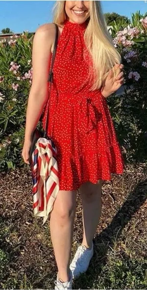 BTFBM Women's Red Polka Dot Halter Dress Size Small Boho Ruffle Summer Mini Cute thumbnail 1