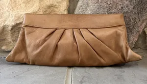 Lauren Merkin Pleated Leather Clutch Purse Tan Brown Very Soft Neutral thumbnail 1
