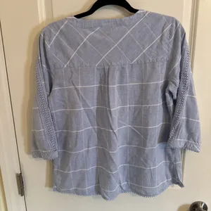 Christopher & Banks Blue Windowpane Plaid Crochet Lace Pom Pom Blouse Small thumbnail 5