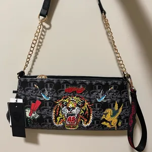 Ed Hardy Tiger Face Birds Black Tattoo Shoulder Bag Wristlet Band NWT Designer thumbnail 1
