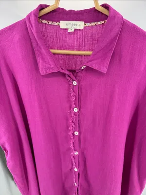 Umgee Fuchsia Button-Down Shirt with Frayed Placket XL oversized linen blend thumbnail 3