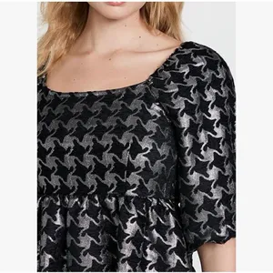 NEW Anthropologie Balloon Sleeves Dress XSMALL DAMASK houndstooth Silver Black thumbnail 2