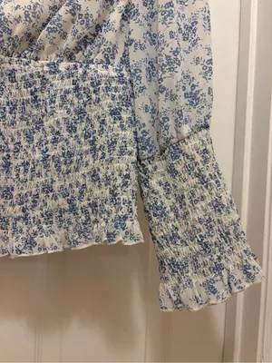 Promesa Blue and White Floral Smocked V-Neck Blouse thumbnail 2