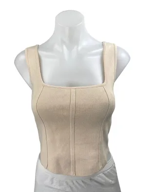 Papermoon Beige Sleeveless Ribbed Knit Corset Bustier Tank Crop Top Size M thumbnail 1