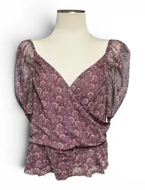 American Eagle Faux Wrap Cropped Blouse Top Sheer Purple Floral XL thumbnail 1