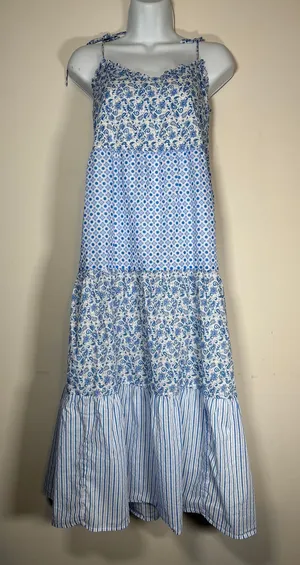 J.Crew Tiered Maxi Dress Blue Mixed Floral Stripe Coastal Cottagecore Boho Med thumbnail 1