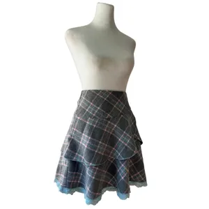 Freebird Gray & Blue Plaid Tiered Lace Hem Mini Skirt thumbnail 5