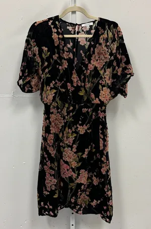 Lucy Paris‎ Black Floral Velvet Burnout Faux Wrap Midi Dress Pink Flowers Small thumbnail 1